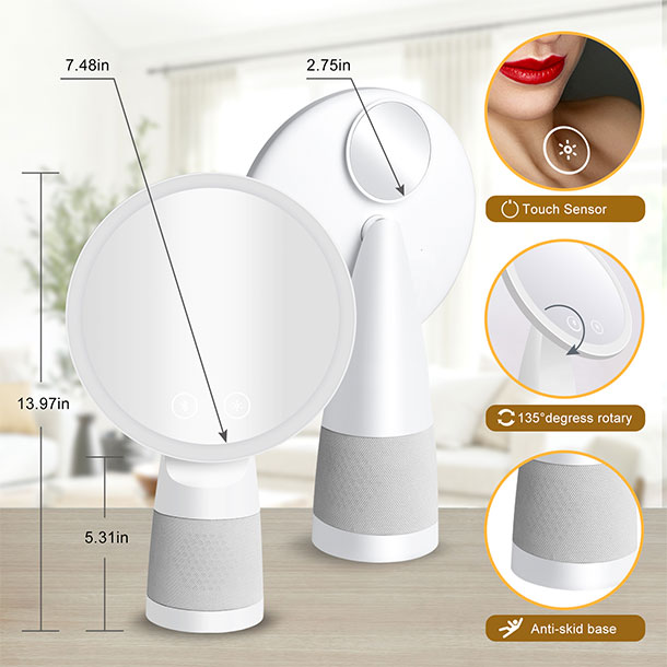 조명과 블루투스가 있는 화장대 거울