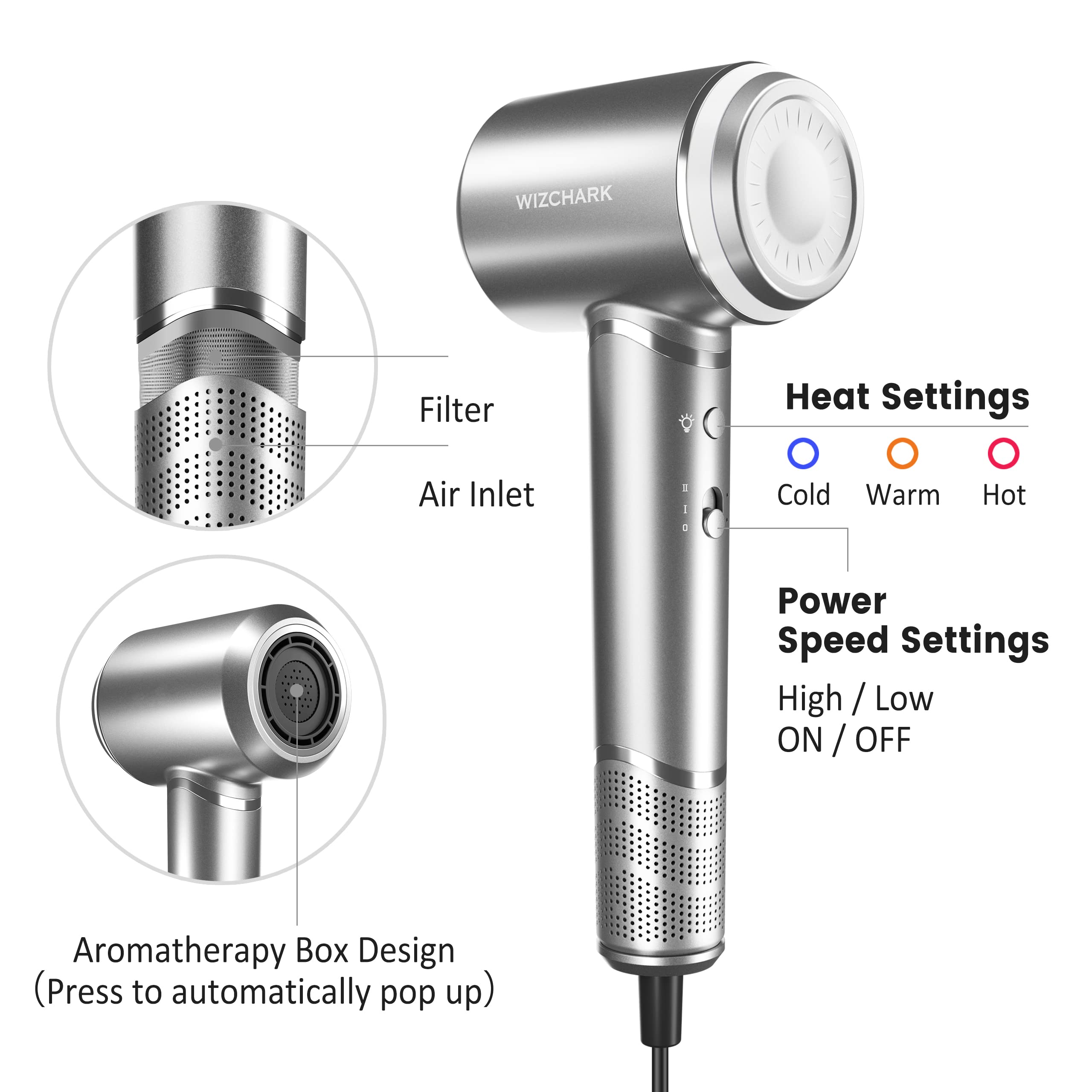 빠른 건조를 위한 110,000 RPM 브러시리스 모터가 장착된 3색 조명 이온 블로우 드라이어