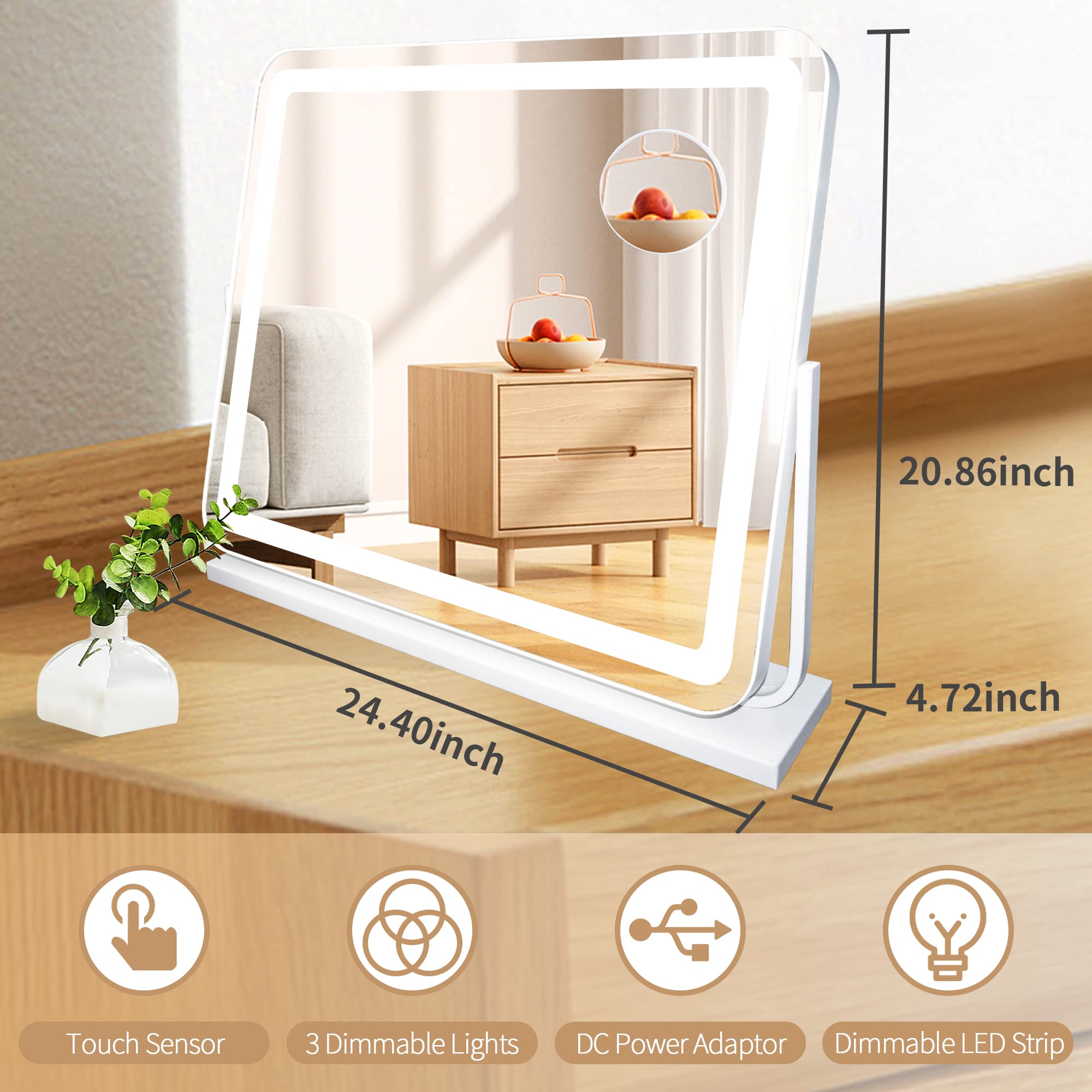 조명이 있는 24"x21" 대형 화장대 거울